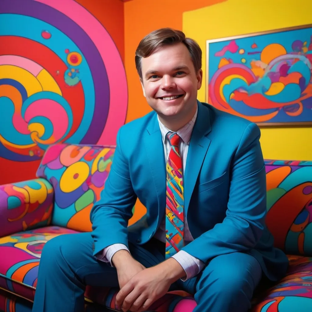 Prompt: draw j.d. vance sitting on a sofa smiling in the peter max style