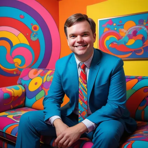 Prompt: draw j.d. vance sitting on a sofa smiling in the peter max style