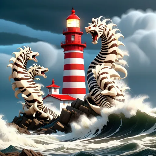 Prompt: Four-headed hydra emerging from rough sea, zebra-colored lighthouse in the background, Unreal Engine, Japanese comic style, intense waves crashing, detailed mythical creature, dramatic lighting, high quality, unreal engine, Japanese comic style, dramatic waves, zebra colors, detailed hydra, mythical, atmospheric lighting