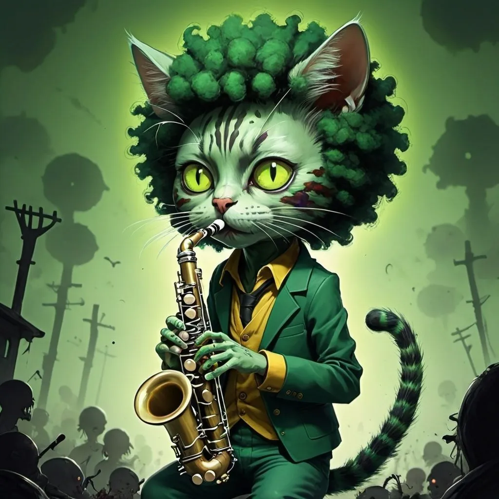 Prompt:  Gato, tocando clarinete, verde con rayas amarillas,con afro estilo anime perseguido por zombies,