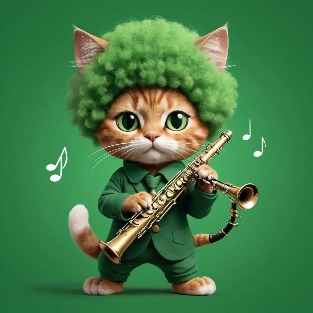 Prompt: Gato tocando clarinete verde con afro estilo anime