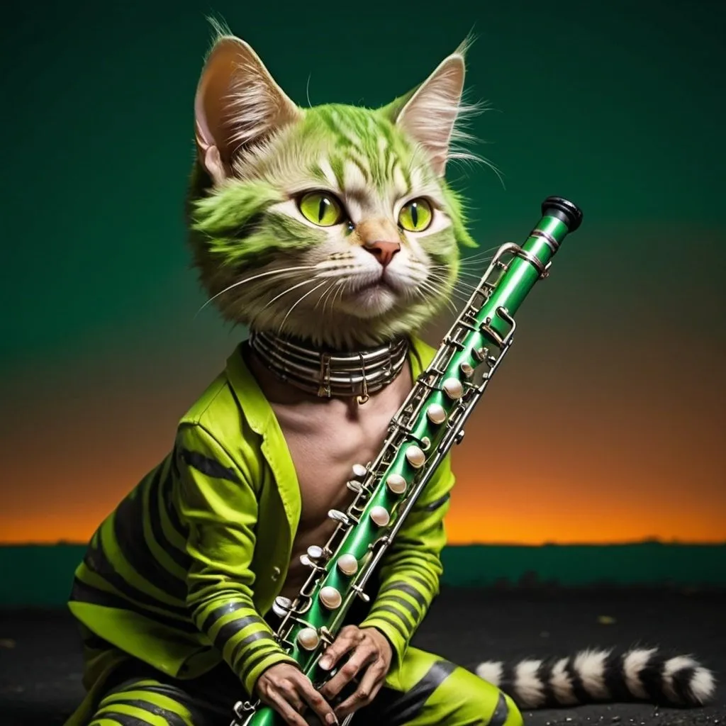 Prompt: Gato, musculoso, tocando clarinete, verde con rayas amarillas,con afro estilo anime perseguido por zombies,