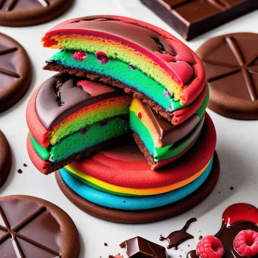 Prompt: Design an image of Rainbow Cookie Fusion: a stunning cookie with bright layers of red, green, and plain colors, interspersed with raspberry preserves and covered in melted chocolate. make it look chic