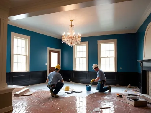 Prompt: This photograph captures an interior renovation scene in a spacious, well-lit room with large arched windows in the background. Three male construction workers, all wearing white hard hats and dark work clothes, are actively engaged in the renovation. The worker on the left, standing, is painting the wooden wainscoting on the left wall, which is exposed to reveal brick underneath. The worker in the center is kneeling on the floor, applying a dark grout or adhesive to the black and white herringbone-patterned tiles. The worker on the right, standing, is painting the ceiling molding. 

The room features elegant, classical architectural details, including ornate wood paneling and molding, and a large, arched window that allows natural light to flood the space. A chandelier hangs from the ceiling, adding a touch of sophistication. To the right, there is a cozy reading nook with a blue-painted wall, shelves, and a plush pink armchair. Various tools and materials, including paintbrushes, a drill, and a bucket, are scattered on the floor. The floor is covered in a protective plastic sheet, and the overall scene conveys a sense of active, meticulous renovation work in a historic or upscale home.