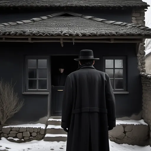 Prompt: A smoking man with black hair, black clothes and you can hardly see his face, he has a black hat, with a long black coat, he is standing next to a house in the village, the house is also black but there is light in the window and you can only see the shadow of some woman, everything is black outside  Because it is in the middle of a village in the forest, the sky is dark blue, and it seems to be really cold, the man is standing next to the house and looking at that window