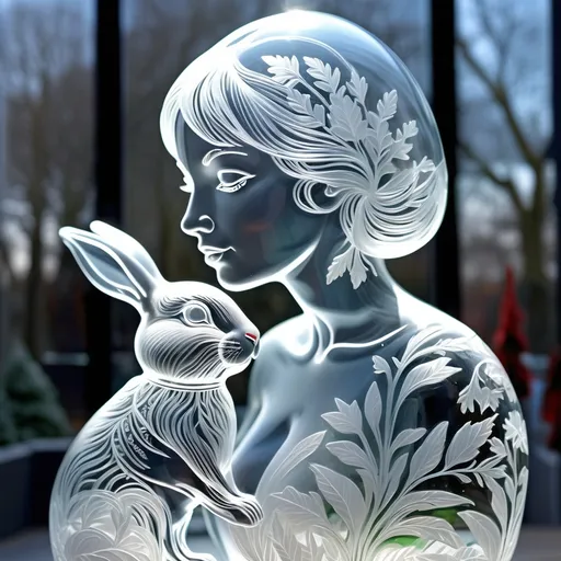 Prompt: A detailed and vibrant transparent glass sculpture of a woman with a white rabbit, Christmas theme