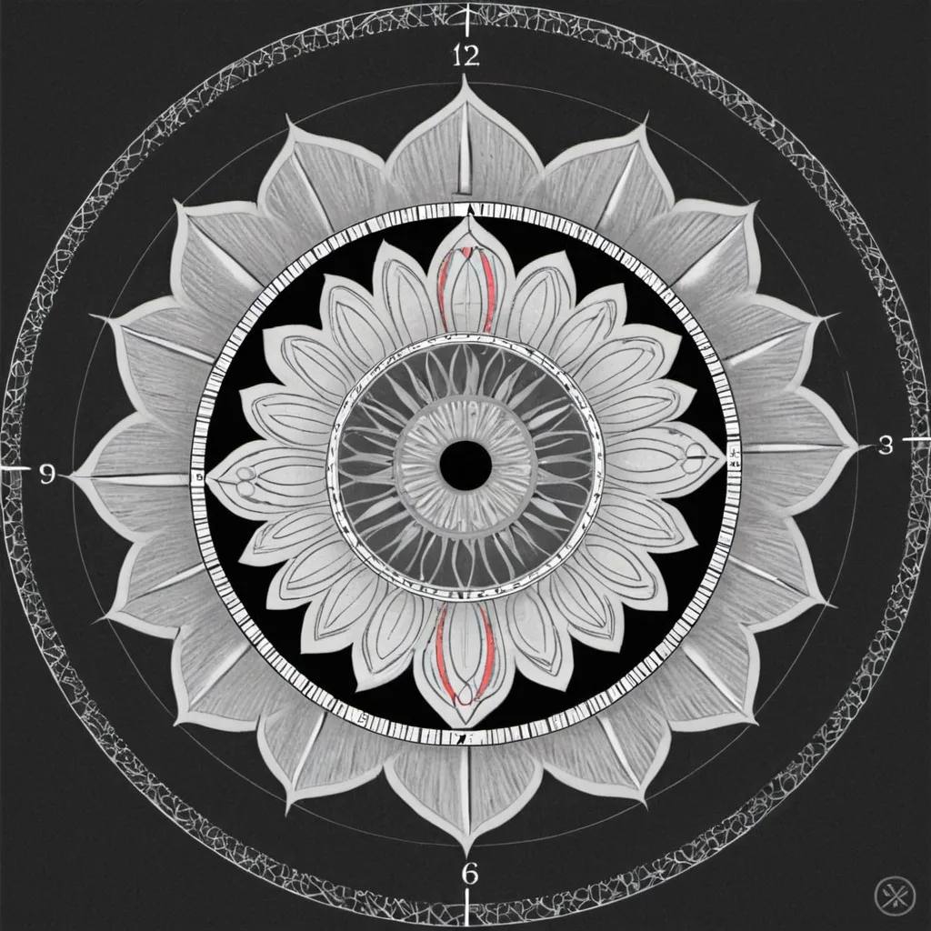 Prompt: Illustration of a mandala. Start by drawing circles, starting with the largest circular shape and working inward. Use the ruler to draw four lines that intersect in the center of the circle, like a clock. Add more lines if you want a more detailed design. In black and white, for coloring. White background.
