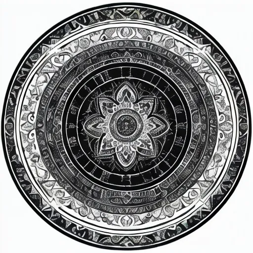 Prompt: Illustration of a mandala. Start by drawing circles, starting with the largest and working inwards. Use the ruler to draw circles that intersect in the center of the circle with other circles. Add more lines and circles. In black and white, for coloring. White background.
