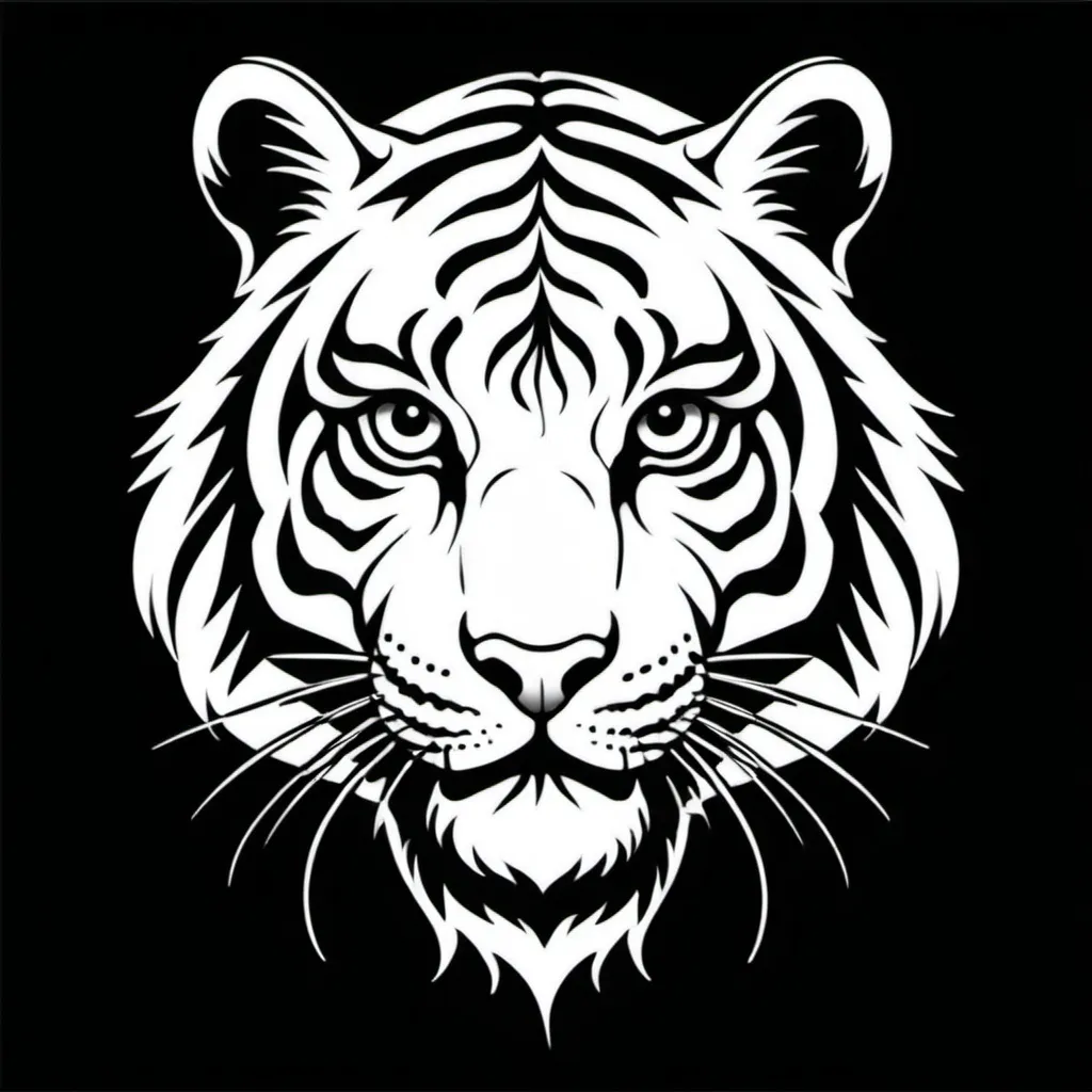 Prompt: a black and white vector style image of a tiger tattoo, in the style of cricut SVG cut files, white background, bold and thick, , filled black background, simple image, midshot --v 5.2