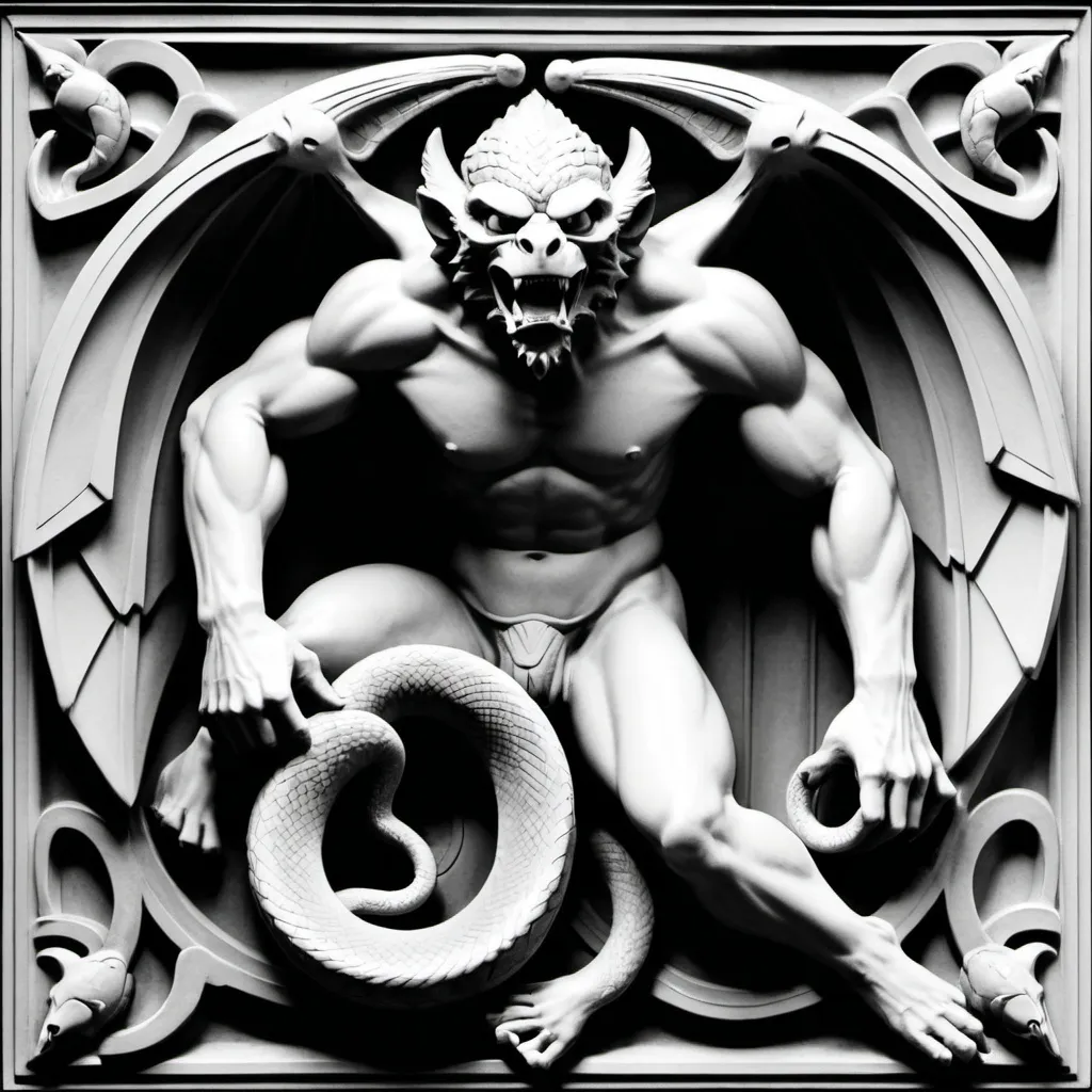 Prompt: black and whit art deco relief image of a gargoyle fighting a snake