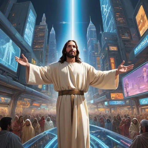 Prompt: Draw Jesus saving a futuristic world in the year 2350."

"Jesus is wearing traditional robes with a modern twist."

"He is standing on a high-tech platform in a futuristic city."

"The city has flying cars, neon-lit skyscrapers, and holographic ads."

"Jesus has an aura of light around him."

"He is extending his hand as if performing a miracle."

"People of different races and species are looking up to him with hope."

"The scene blends classical religious art with advanced technology