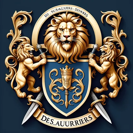 Prompt: Family coat of arms with the name deslauriers with a lion and sword, showing power Elegance is luxurious 