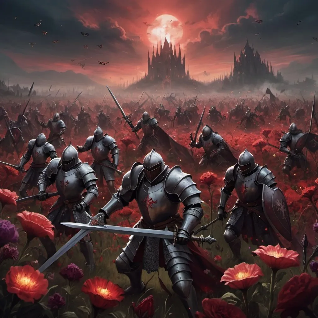 Prompt: a battle is taking place in a flowery field between hundreds of knights and demonic monstrosities. with a dark blood colour sky