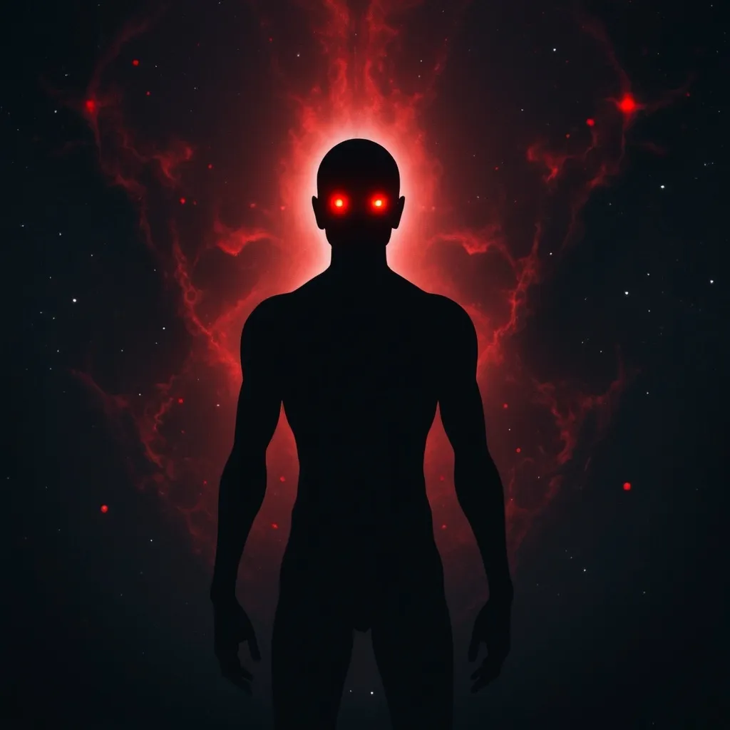 Prompt: A Dark human silhouette with red glowing eyes, standing in the void of the cosmos