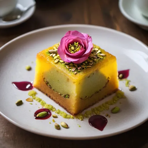 Prompt: Create an artistic and elegant visual of a Middle Eastern dessert named 'Pistachio Rosewater Basbousa with Saffron-infused Syrup' served in a hipster cafe in Tel Aviv. The semolina cake is golden brown with diamond shapes, each topped with a whole pistachio. It is generously soaked in a saffron-infused syrup and garnished with finely chopped pistachios and edible rose petals. The setting should reflect a trendy, cozy cafe with modern, rustic decor, capturing the essence of Tel Aviv’s vibrant, eclectic atmosphere.