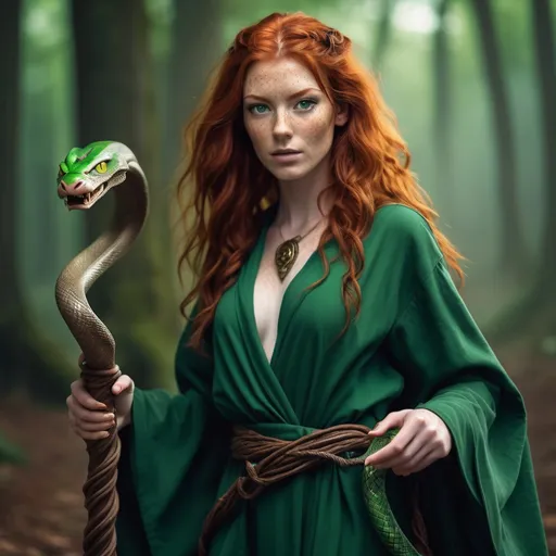 Prompt: tall, red haired woman, with green eyes and freckles. fantasy setting. She is wearing green wizard robes and carrying a staff with a snake head on it. 