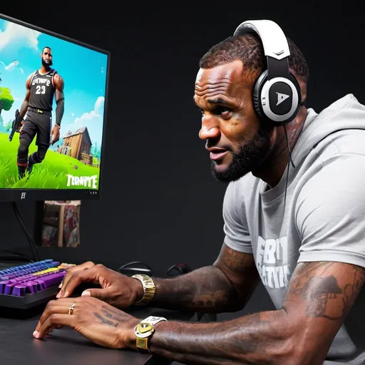 Prompt: Lebron James Playing Fortnite on a Gaming pc