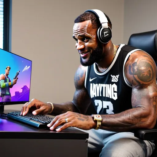 Prompt: Lebron James Playing Fortnite on a Gaming pc