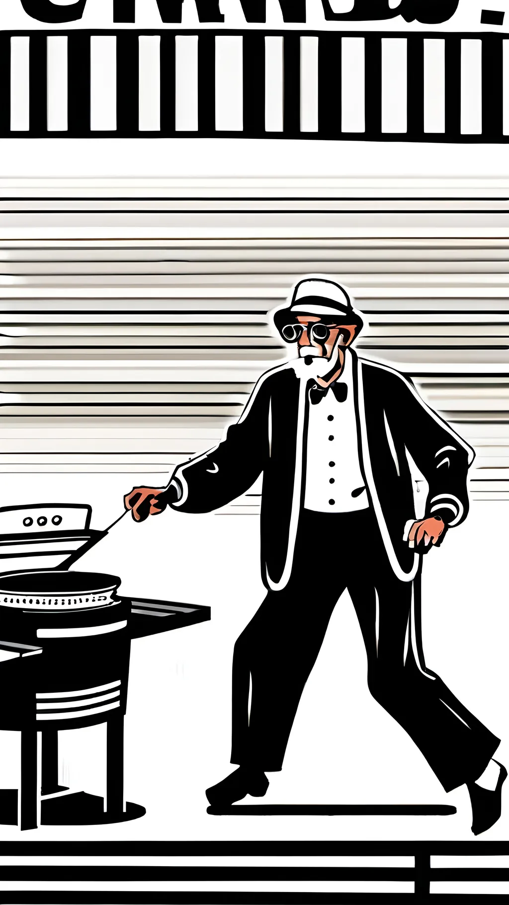 Prompt: Old man dancing, barbecue, smoke, music, retro