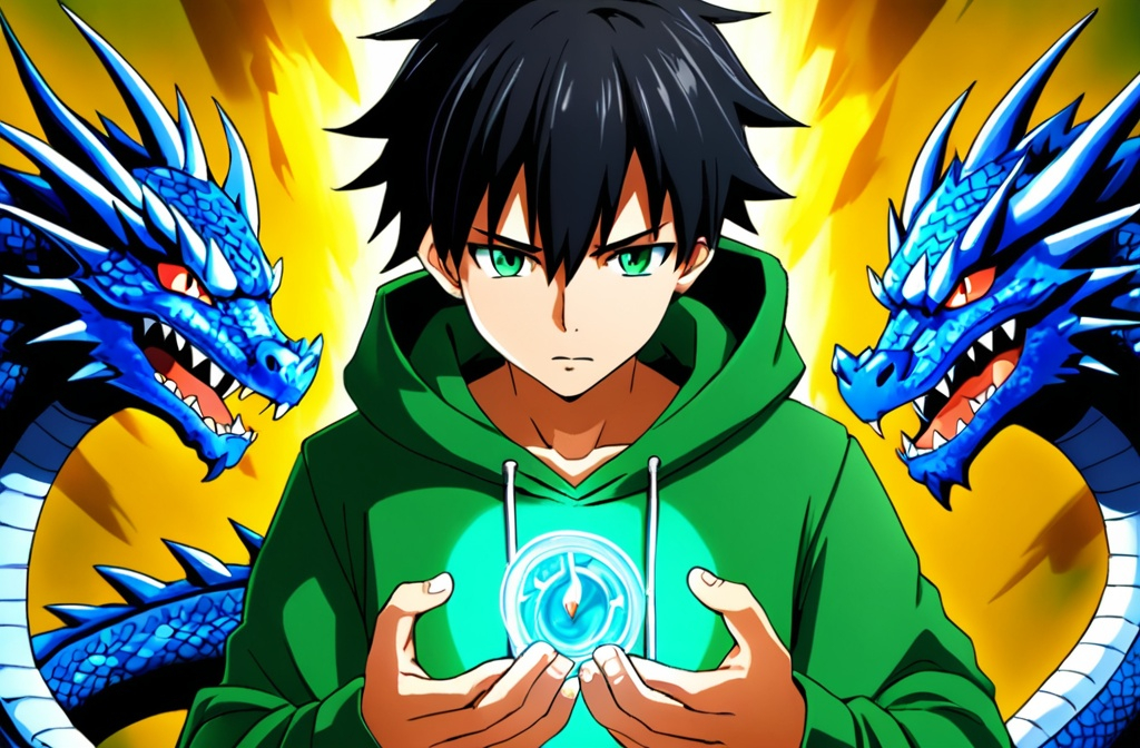 Prompt: anime, 16 year boy, black hair,  long green hoody blue dragon power in his hands