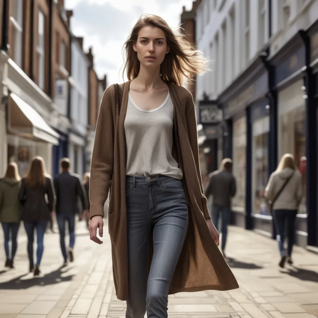 Prompt: Tall young woman walking down the high street, detailed clothing, realistic, natural lighting