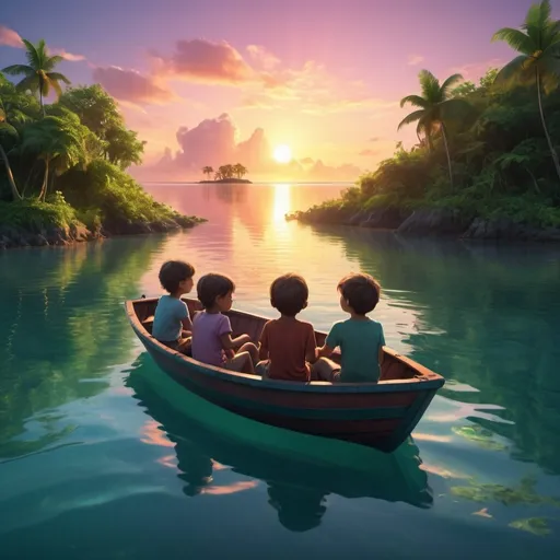 Prompt: 4 children, 2 boys and 2 girls, journey in a row boat to a magical island, serene ocean water reflection, vibrant sunset colors illuminating the sky, enchanting atmosphere, lush greenery visible on the island, feeling of excitement and adventure, ultra-detailed, 4K, cinematic depth
