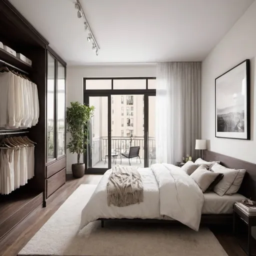 Prompt: give me a bedroom with a balcony and a walk in closet