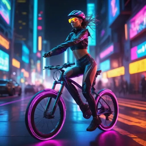 Prompt: electric neon colorful cyclist electric fast luminescent girl 3d rendering in an ultra-realistic intricately detailed rendering