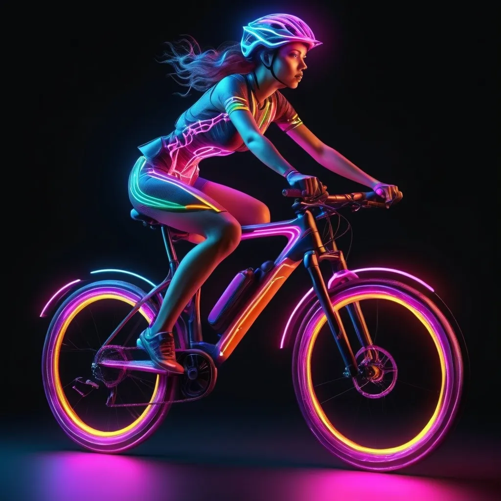 Prompt: electric neon colorful cyclist electric fast luminescent girl 3d rendering in an ultra-realistic intricately detailed rendering