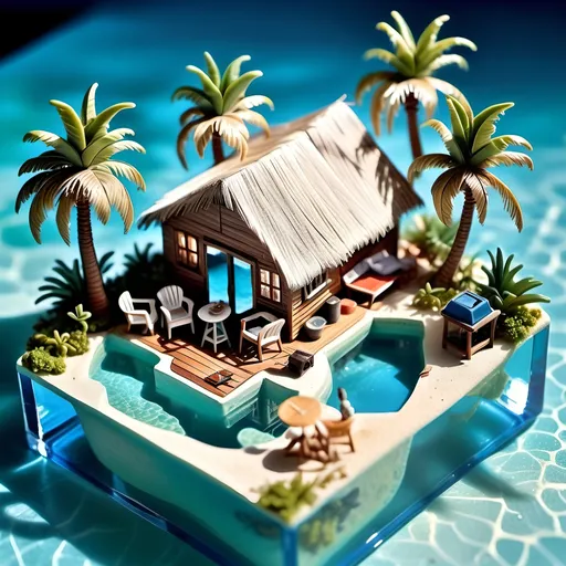 Prompt: Photorealistic isometric miniature world, clear water, Bahamas, hut on a table, detailed miniatures, realistic lighting, high-quality, photorealism, detailed water, tropical hut, isometric perspective, table setting, miniature scale, Bahamas landscape, clear ocean, realistic textures, detailed palm trees, miniature world, clear water reflections, professional, natural lighting, tropical color palette