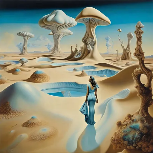 Prompt: Salvador Dalí style vision,  A surreal and psychedelic landscape unfolds with crystalline bluish mineral clouds, creating a dreamlike atmosphere. The central focus is a beautiful woman,
 Large wavy desert dunes, . The crystalline mushrooms, towering in the landscape, add an otherworldly touch, amplifying the dreamy and fantastical ambiance. Water on the ground reflects the surreal elements, creating a mirage-like effect. 
