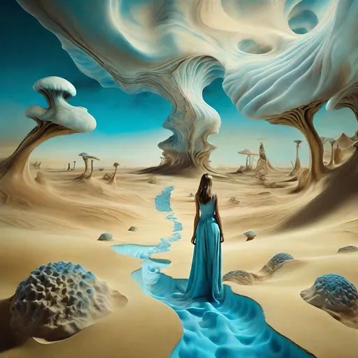 Prompt: Salvador Dalí style vision,  A surreal and psychedelic landscape unfolds with crystalline bluish mineral clouds, creating a dreamlike atmosphere. The central focus is a beautiful woman,
 Large wavy desert dunes, . The crystalline mushrooms, towering in the landscape, add an otherworldly touch, amplifying the dreamy and fantastical ambiance. Water on the ground reflects the surreal elements, creating a mirage-like effect. 
