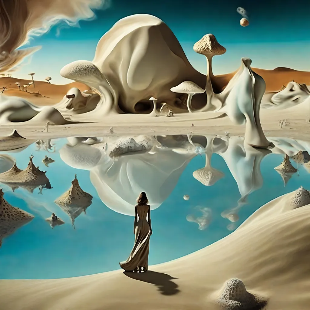 Prompt: Salvador Dalí style vision,  A surreal and psychedelic landscape unfolds with crystalline bluish mineral clouds, creating a dreamlike atmosphere. The central focus is a beautiful woman,
 Large wavy desert dunes, . The crystalline mushrooms, towering in the landscape, add an otherworldly touch, amplifying the dreamy and fantastical ambiance. Water on the ground reflects the surreal elements, creating a mirage-like effect. 
