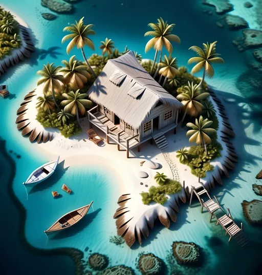 Prompt: Shot from above of a Miniature realistic isometric world render of a hut, clear water, Bahamas, on top of a island, high quality, detailed, realism, miniature, isometric, clear water, Bahamas, hut, island setting, serene environment, realistic lighting, intricate details, tropical vibe, calm and peaceful