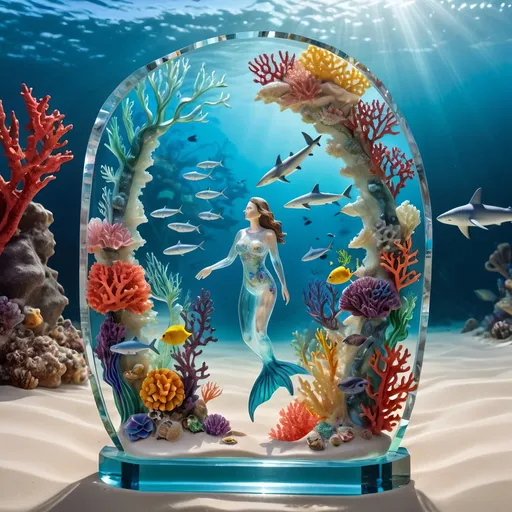 Prompt: A hyperrealistic transparent glass sculpture of a woman halfway underwater, detailed and intricate. Colorful beach background with coral reef, seals, sharks, fish. High quality, intricate details, vibrant colors, transparent glass, surreal, flowers, artistic, professional, vibrant lighting