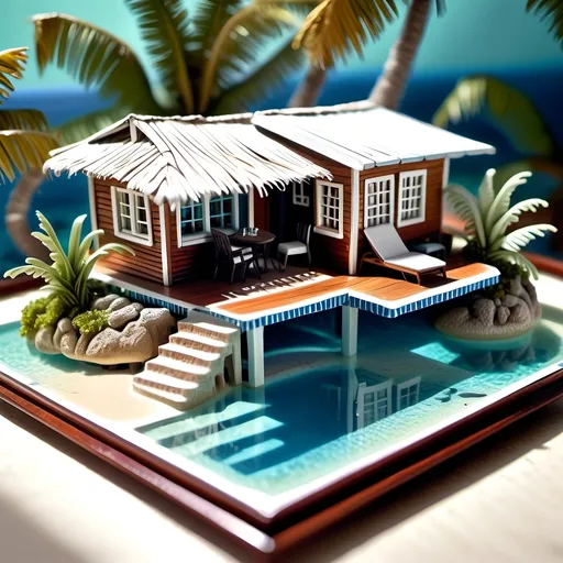 Prompt: Photorealistic isometric miniature world, clear water, Bahamas, hut on a table, detailed miniatures, realistic lighting, high-quality, photorealism, detailed water, tropical hut, isometric perspective, table setting, miniature scale, Bahamas landscape, clear ocean, realistic textures, detailed palm trees, miniature world, clear water reflections, professional, natural lighting, tropical color palette