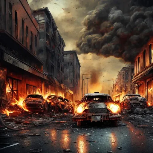 Prompt: Burning car in war-torn street, realistic oil painting, debris-filled road, intense and chaotic atmosphere, high quality, war realism, dramatic lighting, fiery orange tones, urban warfare, detailed wreckage, smoke and fire, distressed and gritty, war-torn environment, dark and intense, oil painting, realistic, dramatic lighting, chaotic atmosphere, fiery orange tones, urban warfare