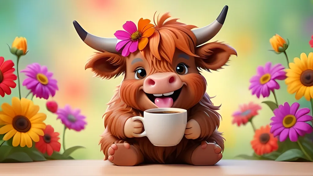 Prompt: smiling baby highland cow drinking coffee with colourful flower background cartoon style