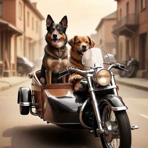 Prompt: Dog riding in a motorcycle sidecar, detailed fur and textures, vintage setting, warm tones and soft lighting, high quality, realistic, detailed fur, motorcycle sidecar, 