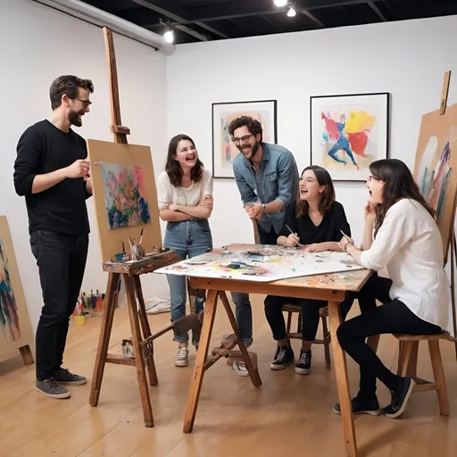 Prompt: artsy people meeting an artist's studio and having fun