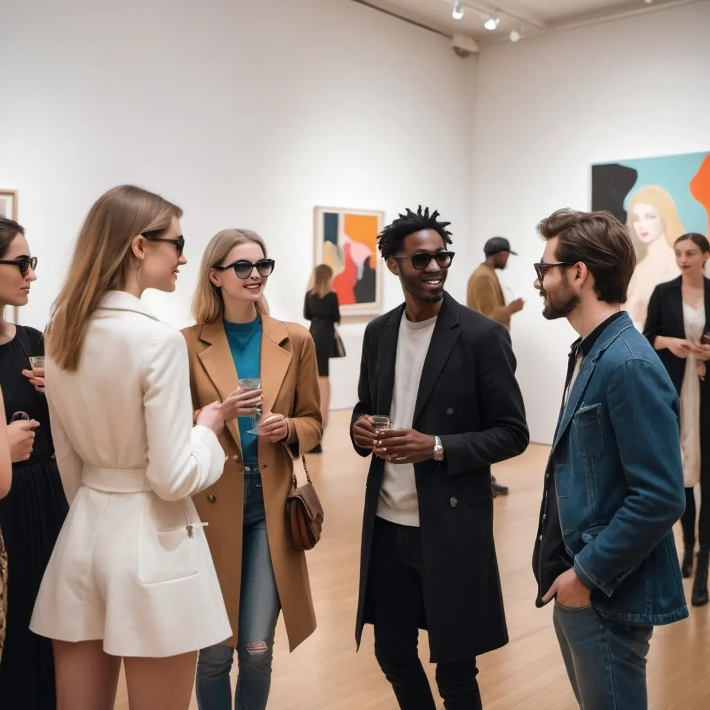 Prompt: swanky fashionable artsy people socializing at a gallery

