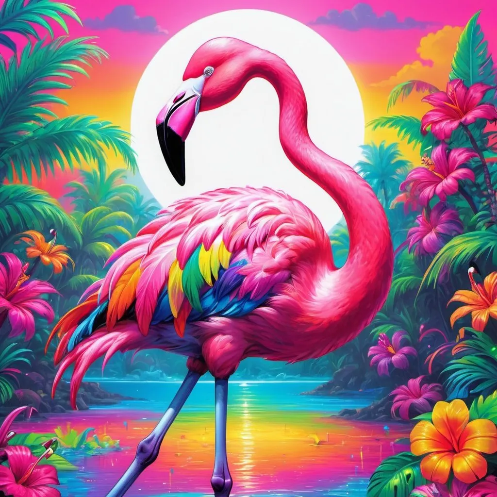 Prompt: imagine a lisa frank colorful neon full body flamingo on a white background