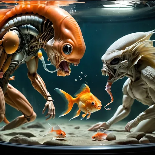 Prompt: Alien versus predator versus goldfish. As realistic as possible, please 