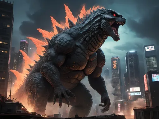 Prompt: (realism style), (cool color scheme), Godzilla rampaging through Tokyo, skyscrapers in chaos, dynamic pose, destruction and mayhem, smoke and debris swirling around, haunting atmosphere, gritty detail on Godzilla's skin, nighttime setting with neon city lights, contrasting shadows, highly detailed cityscape, dramatic sky, sense of urgency, ultra-detailed, cinematic quality.