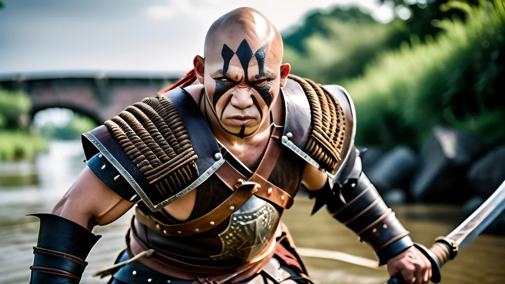 Prompt: A bald Asian barbarian, with a straw hat and threadbare leather armour. He holds a Mace in his right hand and a buckler shield in his left. He is fighting an Uruk stop a bridge 