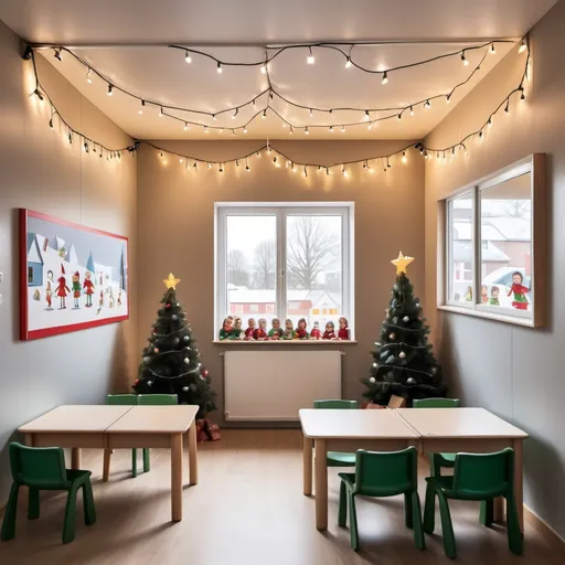 Prompt: In a Danish kindergarten, make a picture of that at Christmas time. They have a little elf door mounted at the bottom of one of the walls. With a prankster on the wall. There is a big window and a couple of tables for the children. There is string lights in the ceiling