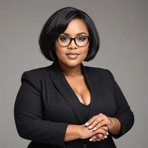 Prompt: pear face plus size female black ceo agent with black bob hair and glasses