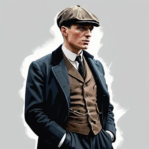 Prompt:  high quality minimal vibrant artwork for thomas shelby character , white background
