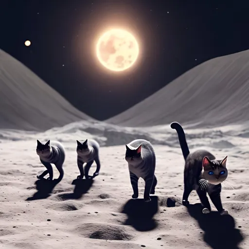 Prompt: Five cats exploring on the surface of the moon