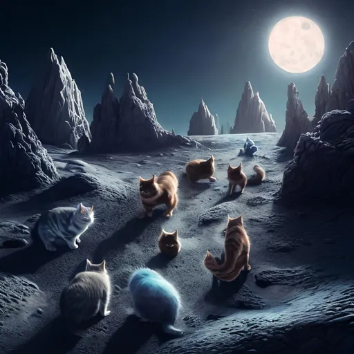 Prompt: Five cats exploring on the surface of the moon, digital painting, lunar landscape, detailed fur with moonlight reflections, highres, moonlit, whimsical, futuristic, space exploration, cool tones, atmospheric lighting